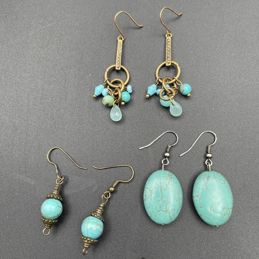 Turquoise Dangle Earrings Lot 3 Pairs Boho Brass Silver Tone Drop